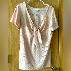 VENUS Peachy Pink Eyelet Flutter Sleeve Tie Neck Blouse, size L